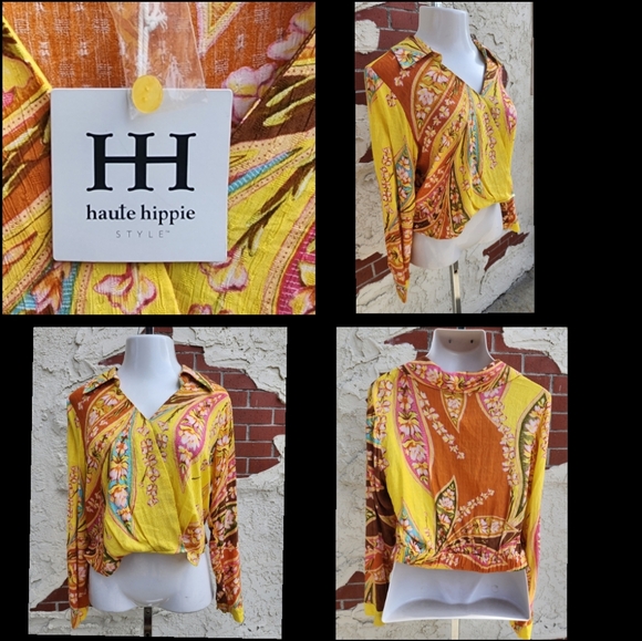MEDIUM HAUTE HIPPIE faux wrap yellow floral boho collar crop shirt pullover - Picture 1 of 16